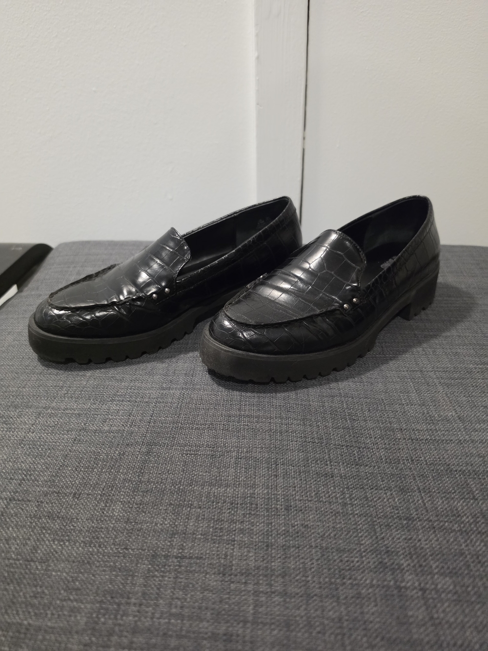 Black Croc-Embossed Chunky Sole Loafers for Women